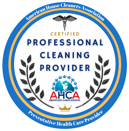 A badge certifying a professional cleaning provider, featuring the logo of the American House Cleaners Association and symbols representing health care. The design includes laurel leaves and a medical emblem, emphasizing the provider's commitment to cleanliness and health standards.