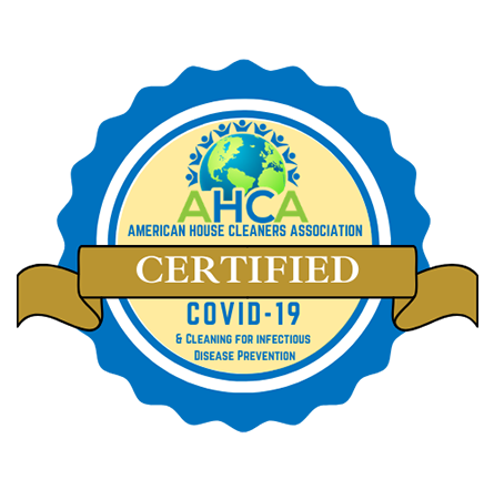 Certification seal from the American House Cleaners Association, indicating that the service is certified for cleaning and prevention of infectious diseases related to COVID-19.