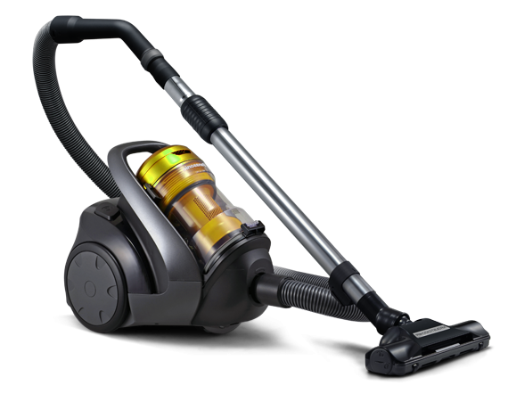 A vacuum cleaner with a modern design, featuring a transparent dust container and a flexible hose. The device is shown against a black background.